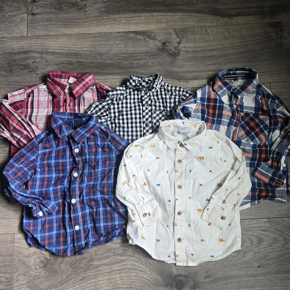 Lot 5 Baby Boy Button Down Shirts 18-24M Plaid Flannel Gingham Red Blue Black